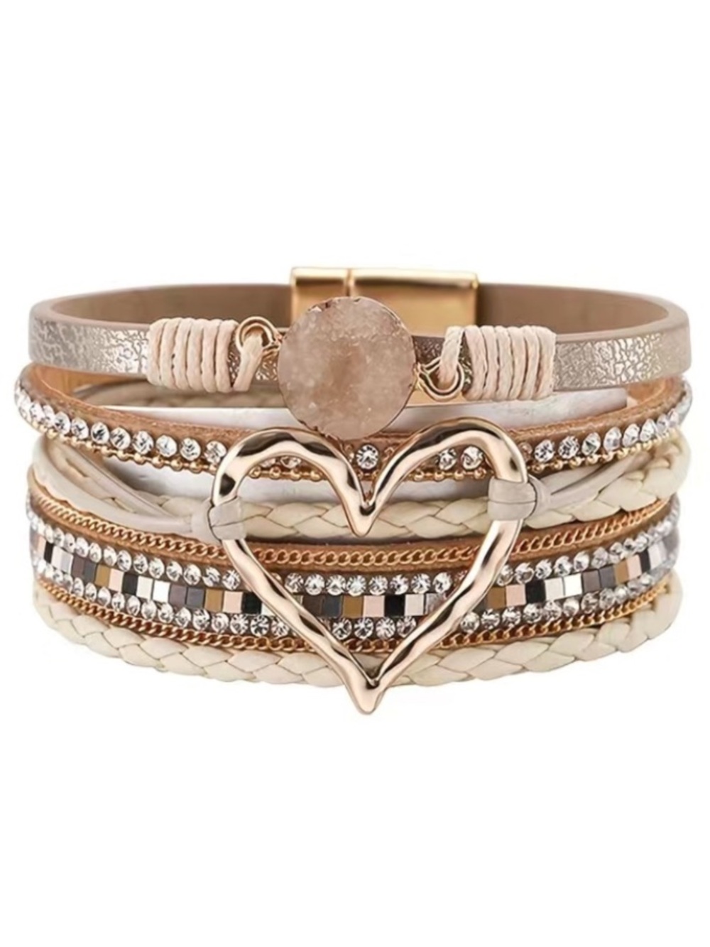 Beige Leather Multi Layer Heart Crystal Druzy Magnetic Bracelet